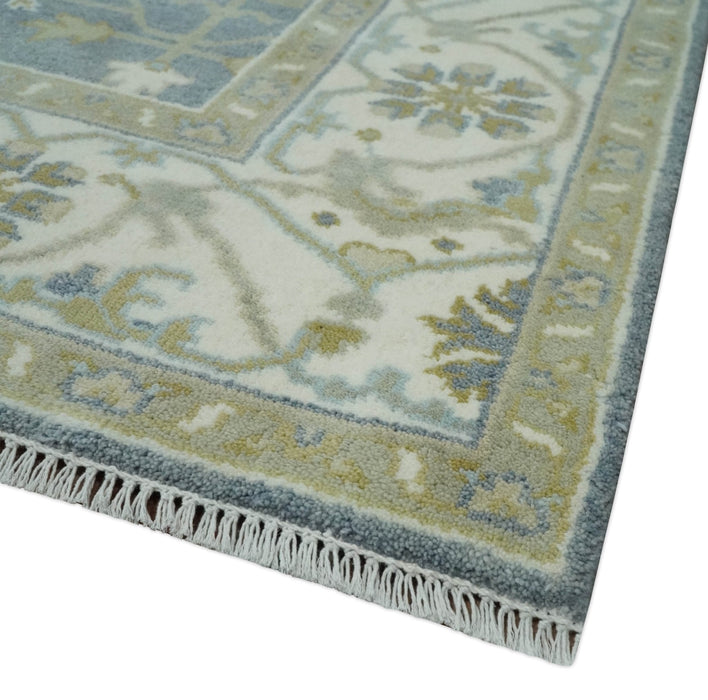 Hand Knotted 6x6 Square Oriental Oushak Ivory, Charcoal and olive Wool Area Rug