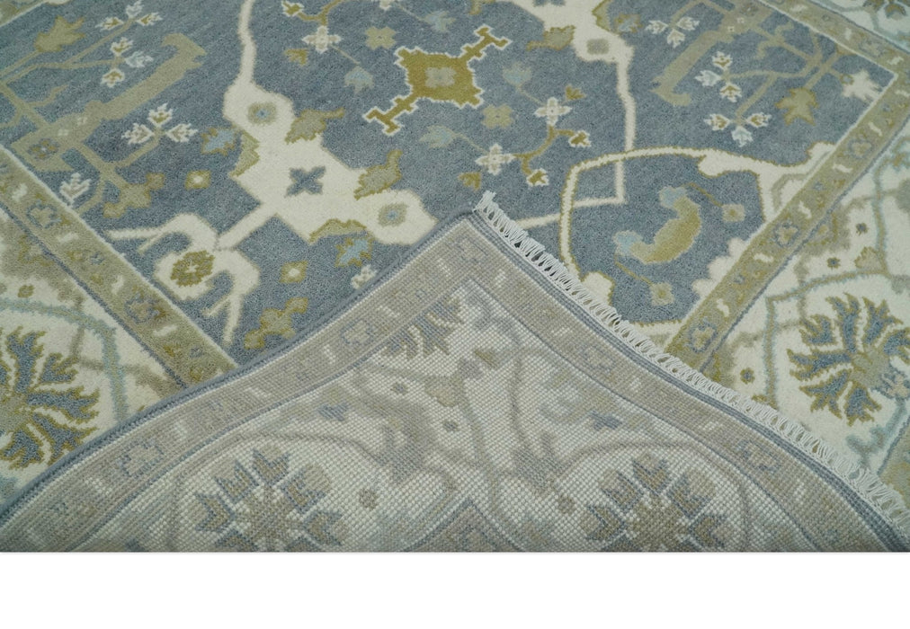Hand Knotted 6x6 Square Oriental Oushak Ivory, Charcoal and olive Wool Area Rug