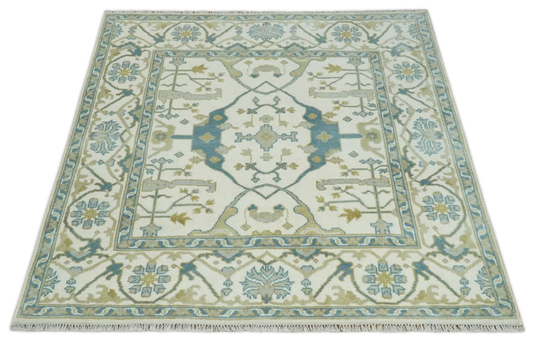 Hand Knotted 6x6 Square Oriental Oushak Ivory, Teal and Beige Wool Area Rug