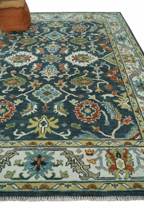 Teal and Ivory Traditional Hand Knotted Oriental Oushak Custom Made Wool Area Rug