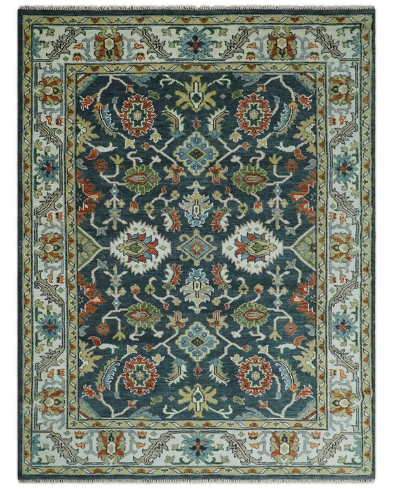 Teal and Ivory Traditional Hand Knotted Oriental Oushak Custom Made Wool Area Rug