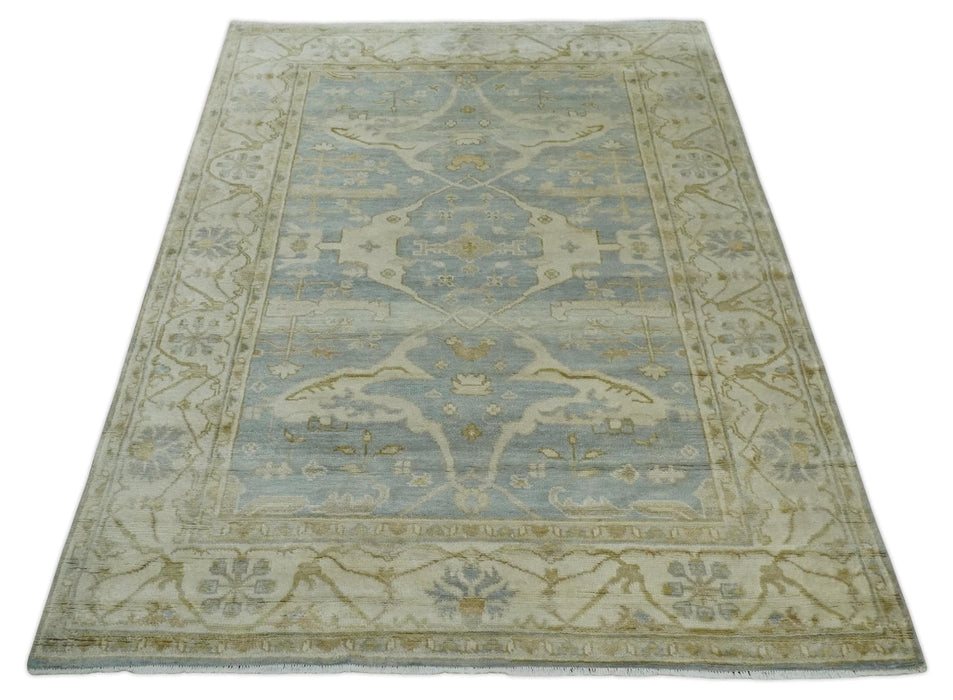 Hand Knotted 6x9 Oriental Oushak Turkish Style Silver and Beige Wool Area Rug