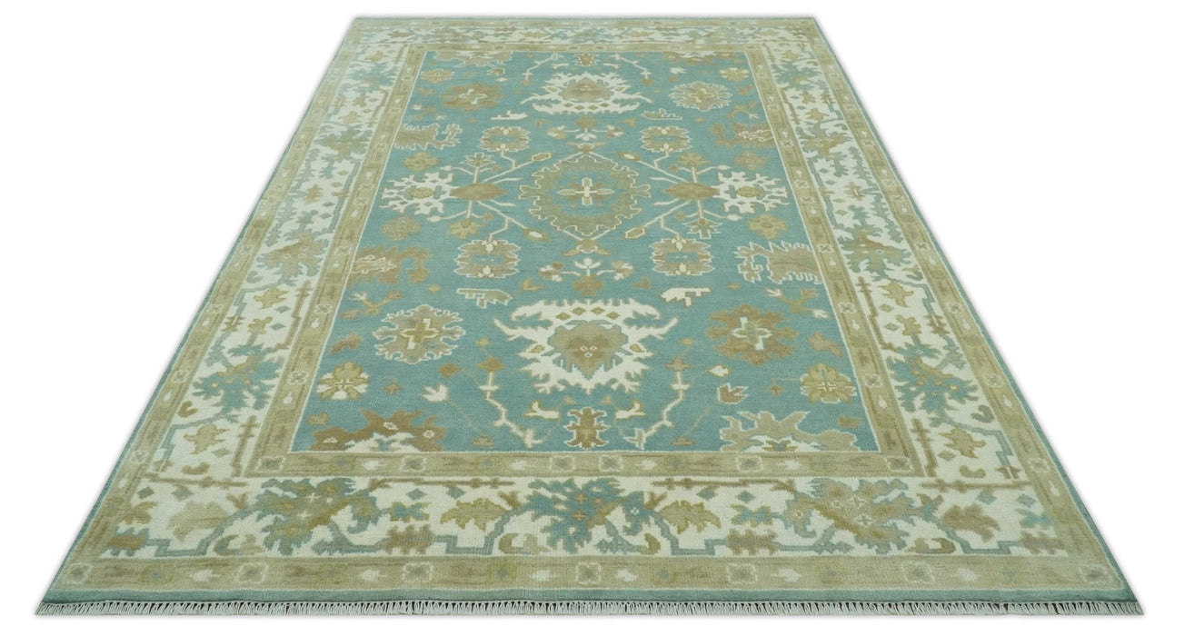Hand Knotted 6x9 Teal, Ivory and Beige Traditional Oriental Oushak wool rug