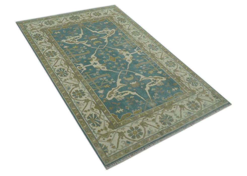 Hand Knotted 6x9 Teal, Ivory and Olive Traditional Oriental Oushak wool rug