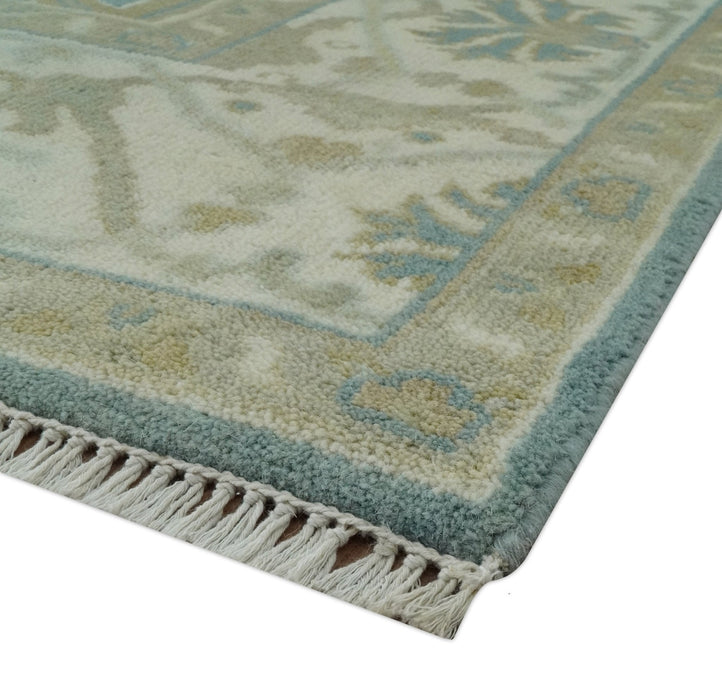 Hand Knotted 6x9 Teal, Ivory and Olive Traditional Oriental Oushak wool rug