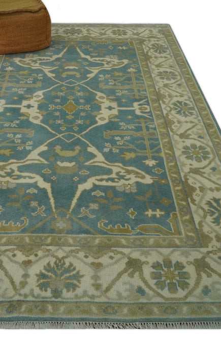 Hand Knotted 6x9 Teal, Ivory and Olive Traditional Oriental Oushak wool rug