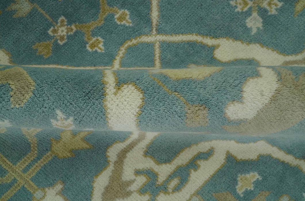 Hand Knotted 6x9 Teal, Ivory and Olive Traditional Oriental Oushak wool rug