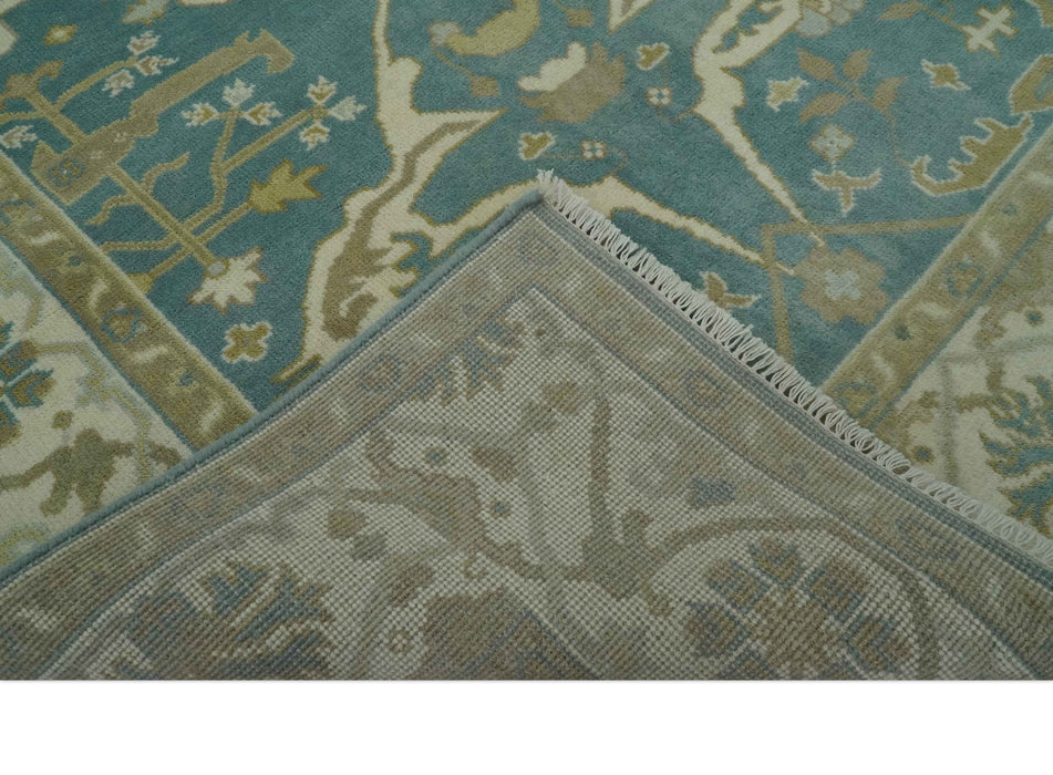 Hand Knotted 6x9 Teal, Ivory and Olive Traditional Oriental Oushak wool rug