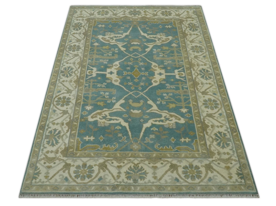 Hand Knotted 6x9 Teal, Ivory and Olive Traditional Oriental Oushak wool rug