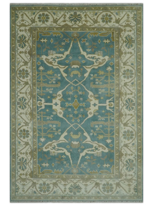 Hand Knotted 6x9 Teal, Ivory and Olive Traditional Oriental Oushak wool rug