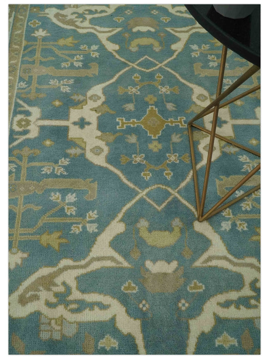Hand Knotted 6x9 Teal, Ivory and Olive Traditional Oriental Oushak wool rug