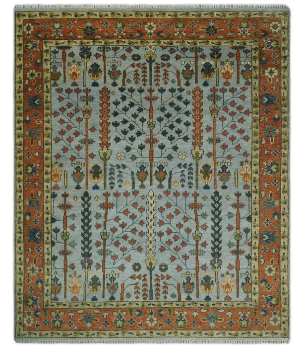 Hand Knotted Rust and Blue Traditional Turkish Tree of Life Multi Size Wool Rug