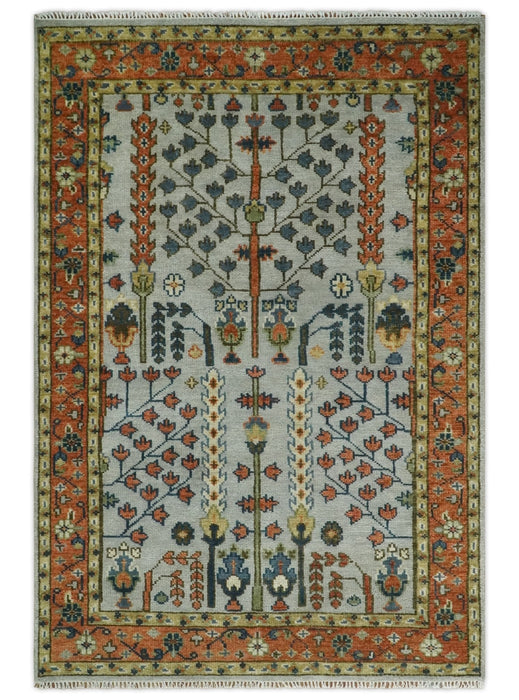 Hand Knotted Rust and Blue Traditional Turkish Tree of Life Multi Size Wool Rug