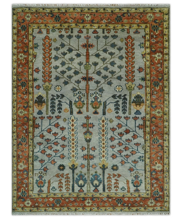 Hand Knotted Rust and Blue Traditional Turkish Tree of Life Multi Size Wool Rug