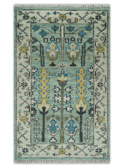 Hand Knotted Traditional Aqua and Ivory Antique Oushak Custom Made Wool Area Rug