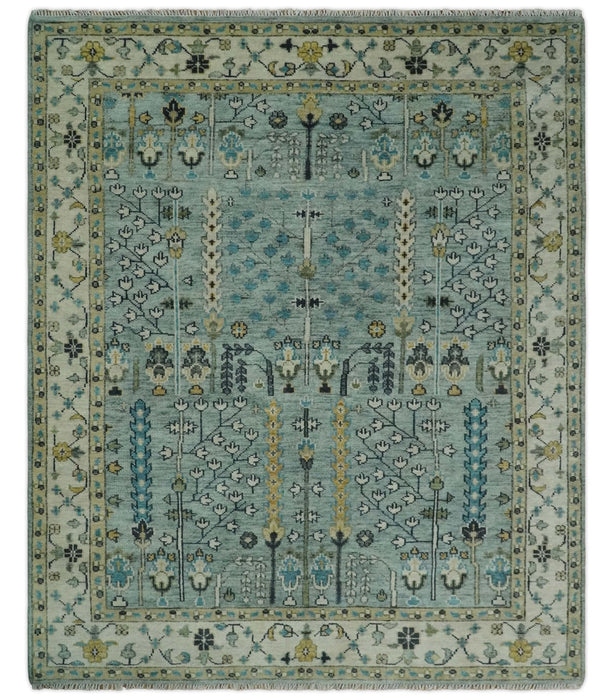 Hand Knotted Traditional Aqua and Ivory Antique Oushak Custom Made Wool Area Rug