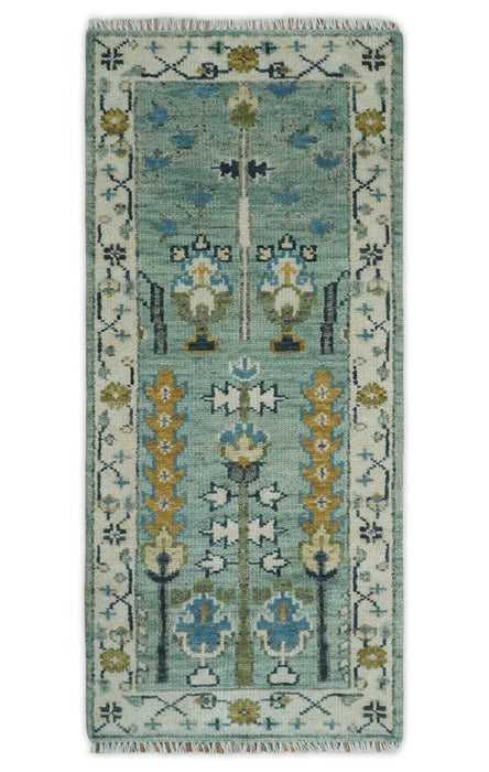 Hand Knotted Traditional Aqua and Ivory Antique Oushak Custom Made Wool Area Rug