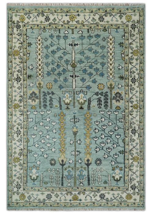 Hand Knotted Traditional Aqua and Ivory Antique Oushak Custom Made Wool Area Rug