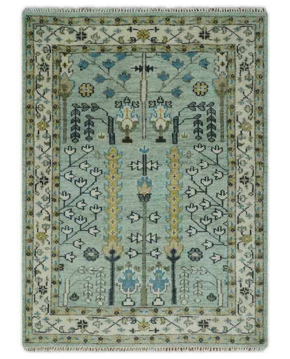 Hand Knotted Traditional Aqua and Ivory Antique Oushak Custom Made Wool Area Rug
