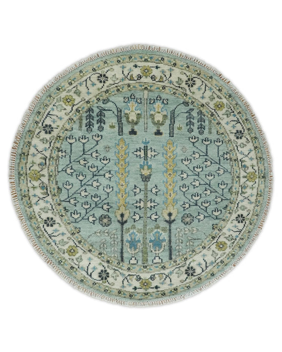 Hand Knotted Traditional Aqua and Ivory Antique Oushak Custom Made Wool Area Rug