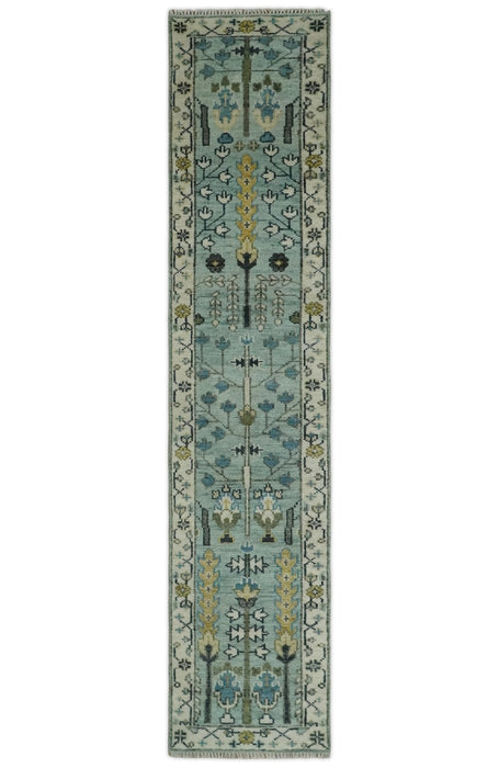 Hand Knotted Traditional Aqua and Ivory Antique Oushak Custom Made Wool Area Rug