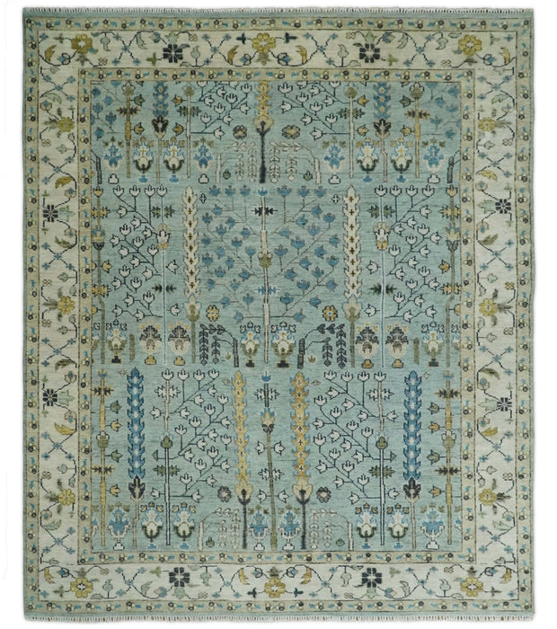 Hand Knotted Traditional Aqua and Ivory Antique Oushak Custom Made Wool Area Rug