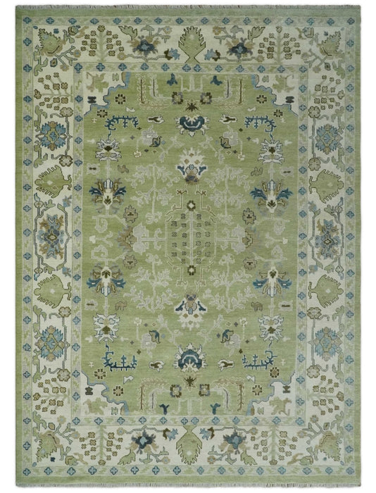 Hand Knotted 8x10 and 10x14 Light Green, Ivory and Silver Traditional Turkish Antique Style Wool Area Rug