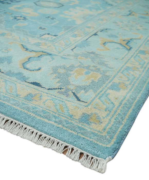 Hand Knotted 8x10 Aqua and Beige Antique Look Oushak Turkish Style Wool Area Rug | TRDCP1109810
