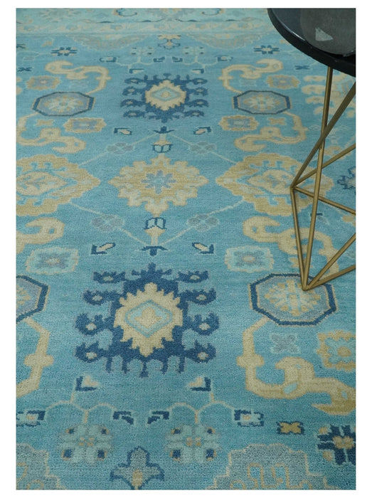 Hand Knotted 8x10 Aqua and Beige Antique Look Oushak Turkish Style Wool Area Rug | TRDCP1109810