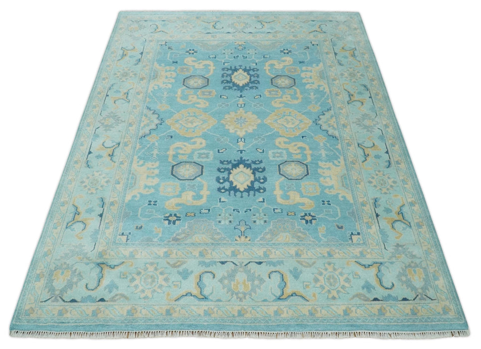 Hand Knotted 8x10 Aqua and Beige Antique Look Oushak Turkish Style Wool Area Rug | TRDCP1109810