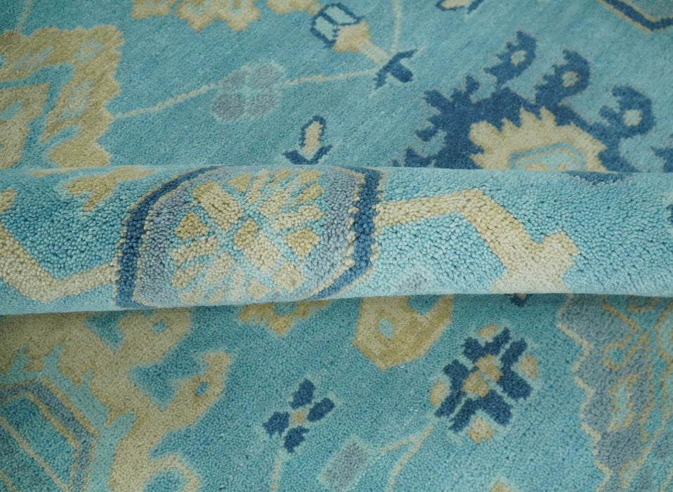 Hand Knotted 8x10 Aqua and Beige Antique Look Oushak Turkish Style Wool Area Rug | TRDCP1109810