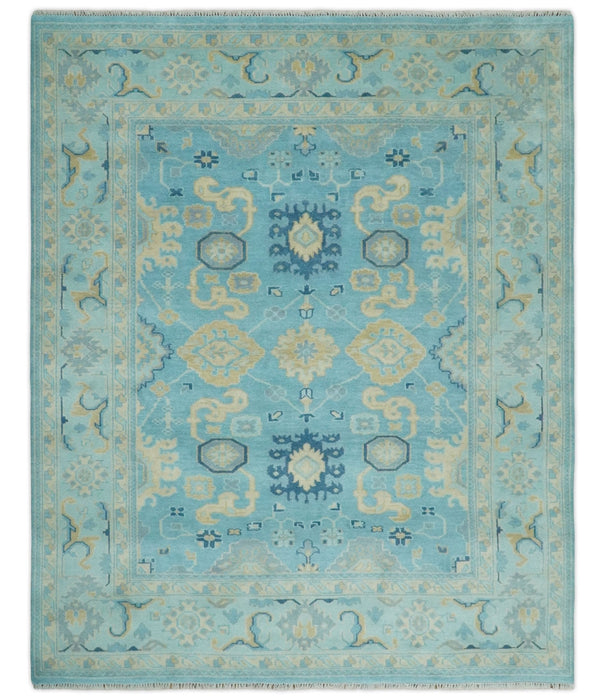 Hand Knotted 8x10 Aqua and Beige Antique Look Oushak Turkish Style Wool Area Rug | TRDCP1109810