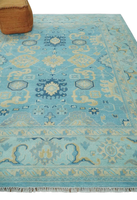 Hand Knotted 8x10 Aqua and Beige Antique Look Oushak Turkish Style Wool Area Rug | TRDCP1109810