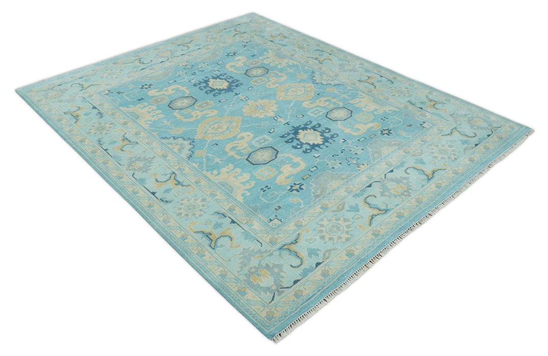 Hand Knotted 8x10 Aqua and Beige Antique Look Oushak Turkish Style Wool Area Rug | TRDCP1109810