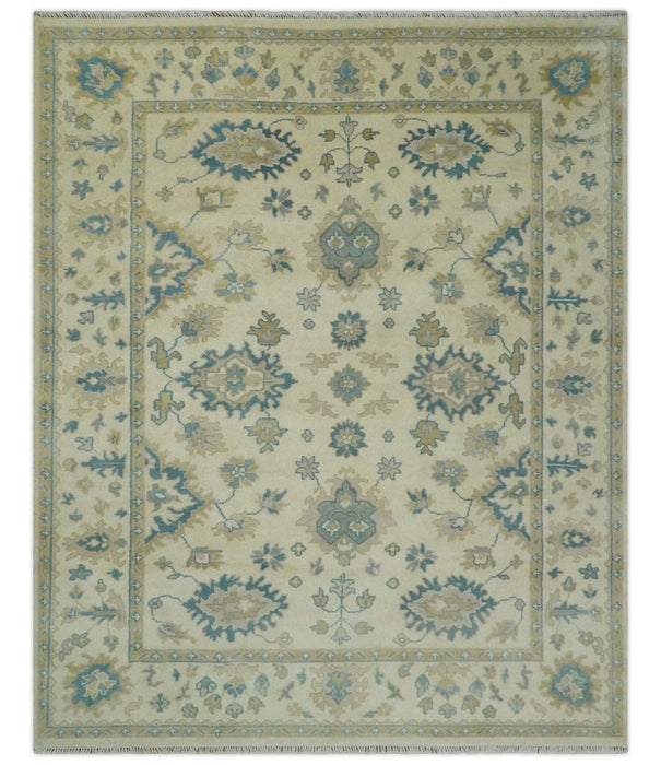 Hand Knotted 8x10 Beige and Gray Antique Oushak Wool Area Rug