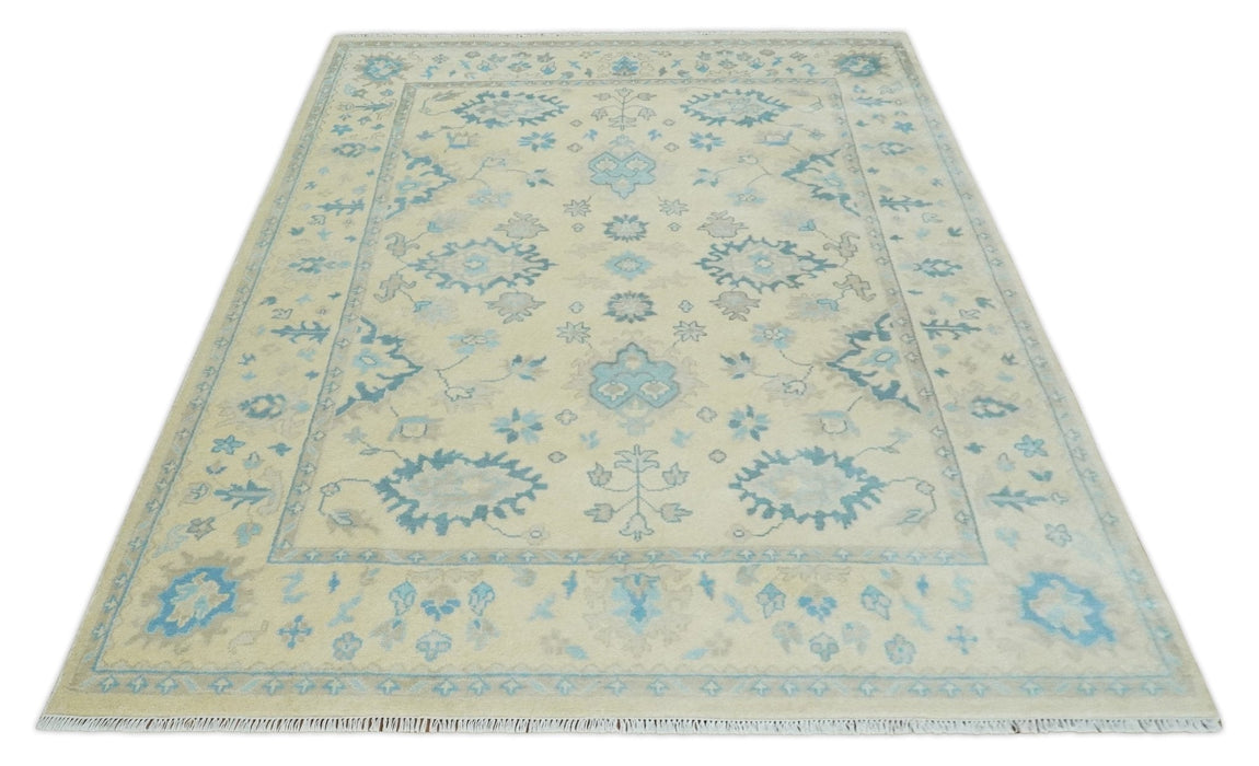 Hand Knotted 8x10 Beige and Teal Antique Oushak Persian Wool Area Rug | TRDCP1183810