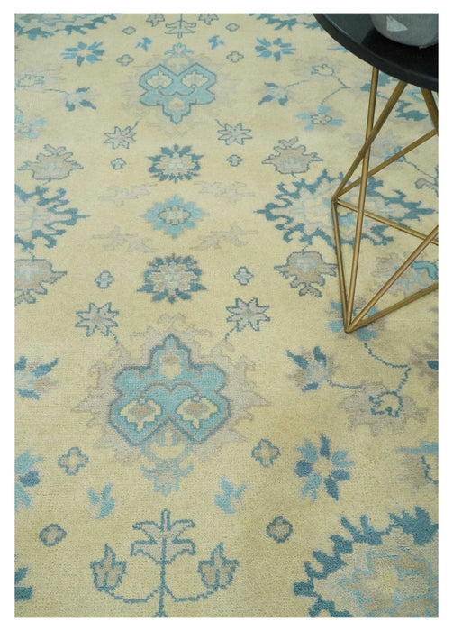 Hand Knotted 8x10 Beige and Teal Antique Oushak Persian Wool Area Rug | TRDCP1183810
