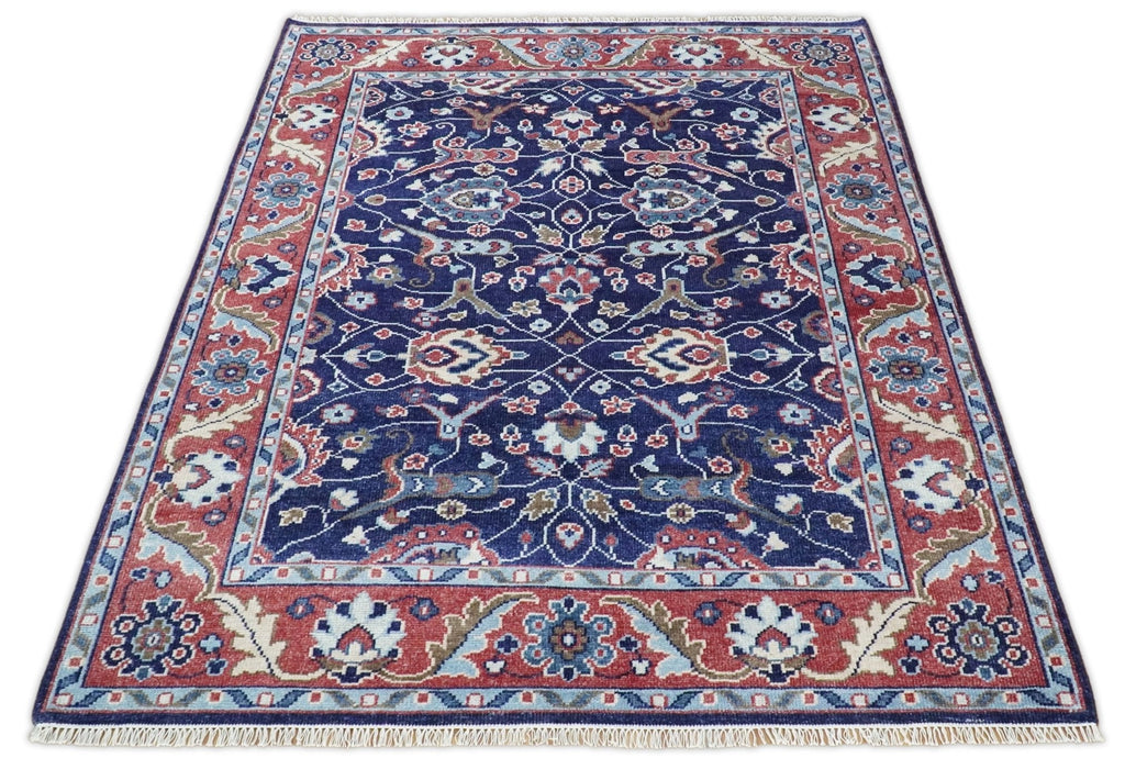 Hand Knotted 8x10 Blue and Rust Traditional Persian Oushak Area Rug | TRD2643