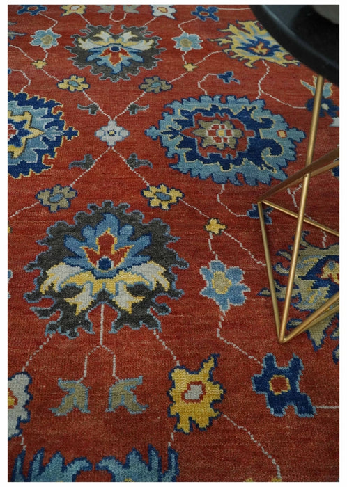 Hand Knotted 8x10 Brown, Blue and Charcoal vibrant colorful Traditional Oushak Wool Area Rug
