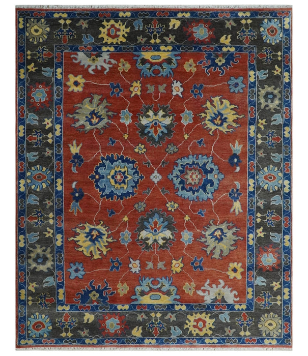 Hand Knotted 8x10 Brown, Blue and Charcoal vibrant colorful Traditional Oushak Wool Area Rug