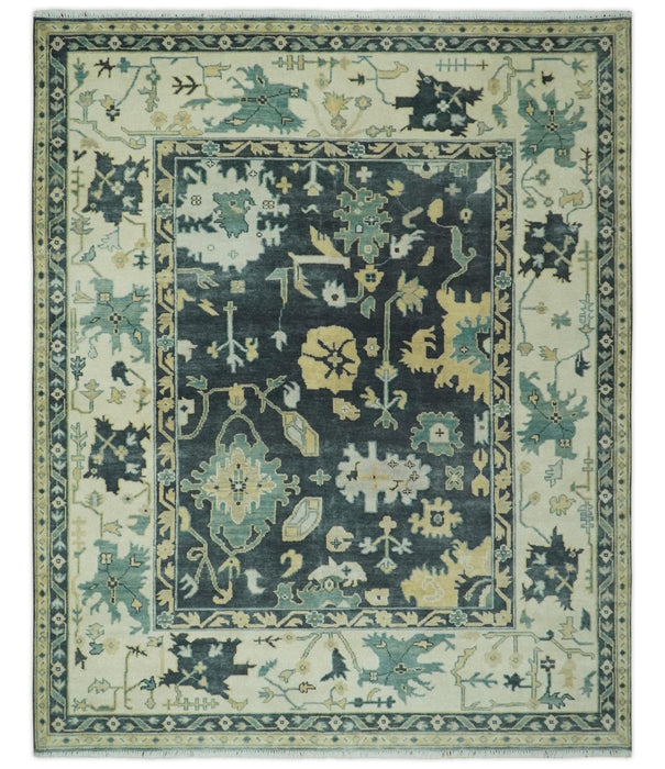 Hand Knotted 8x10 Charcoal, Ivory and Beige Traditional Oushak wool area rug
