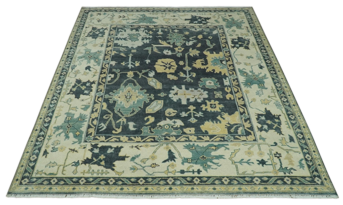 Hand Knotted 8x10 Charcoal, Ivory and Beige Traditional Oushak wool area rug