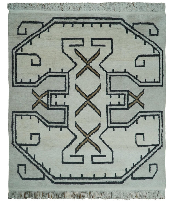 Hand Knotted 8x10 Ivory and Charcoal Wool Traditional Tribal Art Antique South Western Rug |  TRDCP1292810