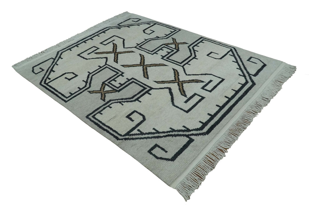 Hand Knotted 8x10 Ivory and Charcoal Wool Traditional Tribal Art Antique South Western Rug |  TRDCP1292810