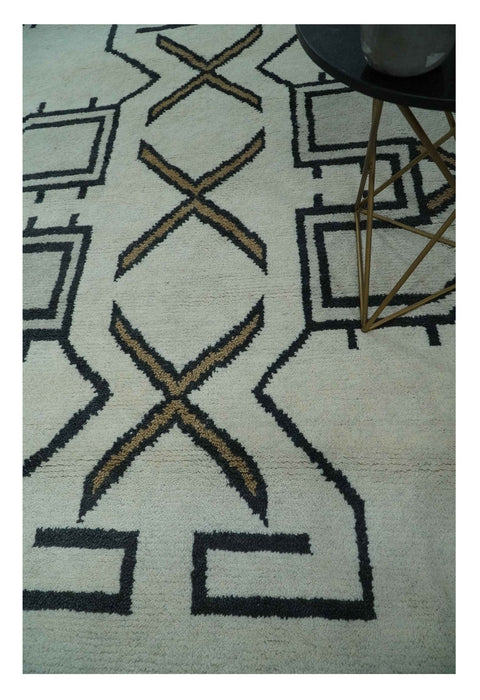 Hand Knotted 8x10 Ivory and Charcoal Wool Traditional Tribal Art Antique South Western Rug |  TRDCP1292810