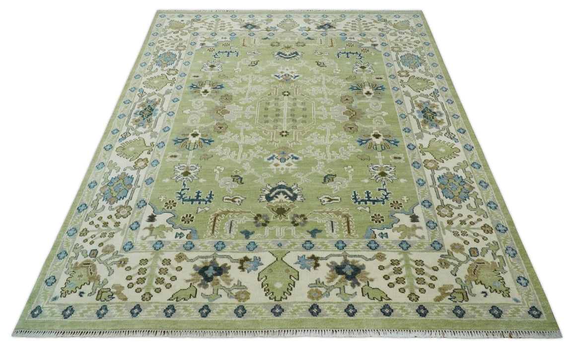 Hand Knotted 8x10 and 10x14 Light Green, Ivory and Silver Traditional Turkish Antique Style Wool Area Rug