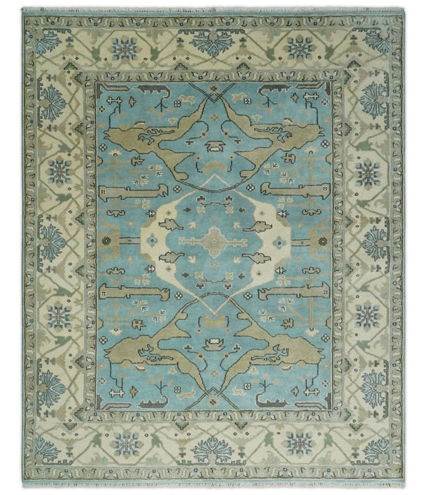 Hand Knotted 8x10 Oriental Oushak Aqua and Beige Wool Area Rug | TRDCP1194810
