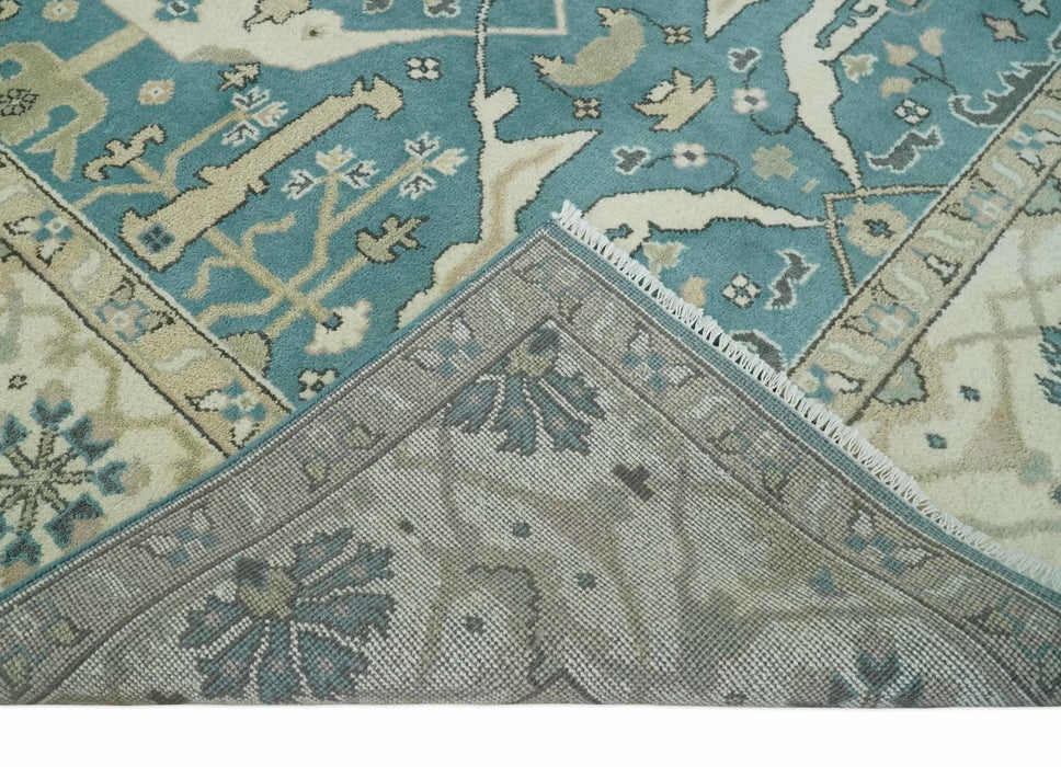 Hand Knotted 8x10 Oriental Oushak Aqua and Beige Wool Area Rug | TRDCP1200810