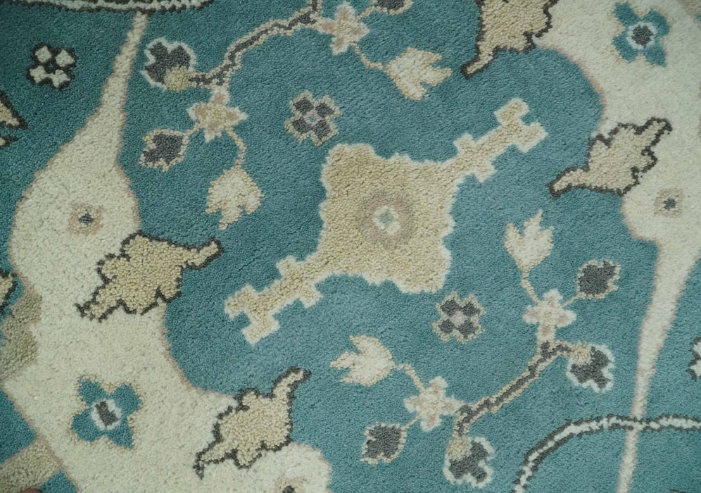 Hand Knotted 8x10 Oriental Oushak Aqua and Beige Wool Area Rug | TRDCP1200810