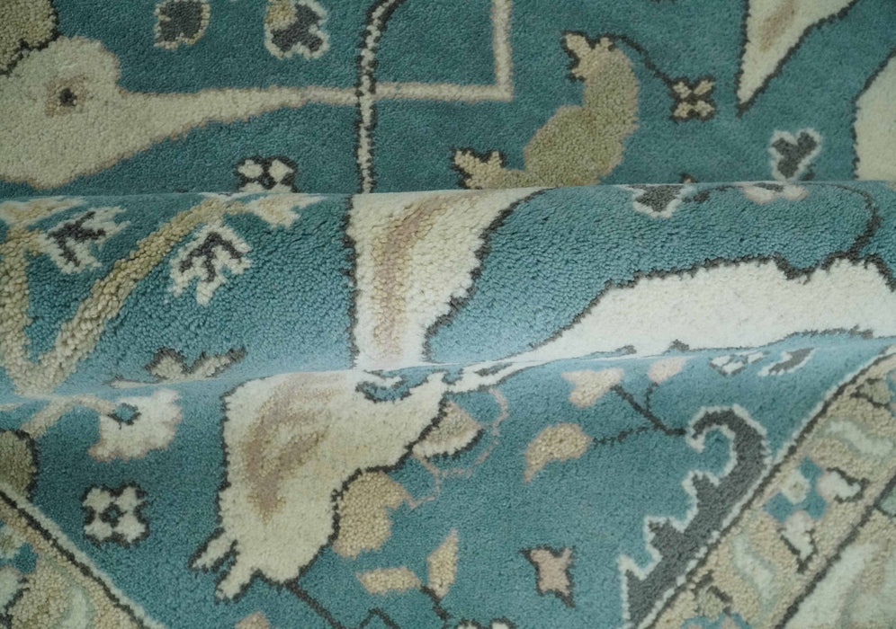 Hand Knotted 8x10 Oriental Oushak Aqua and Beige Wool Area Rug | TRDCP1200810